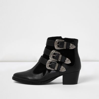 Black leather western buckle strappy boots